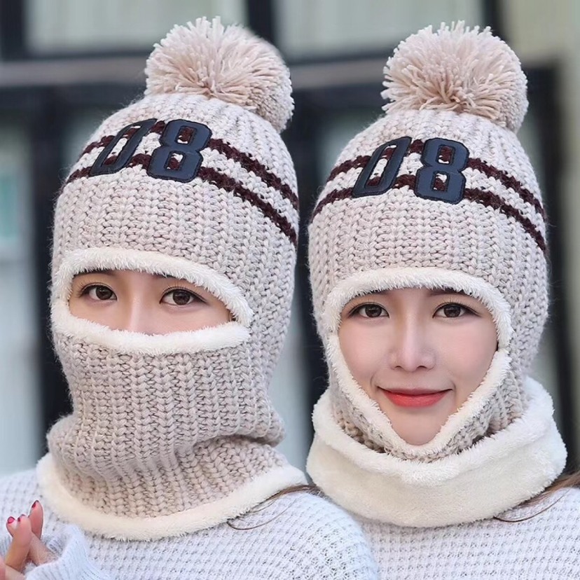 帽子女冬毛线护耳加绒保暖针织帽女骑车防风连体帽套头帽冬季女帽